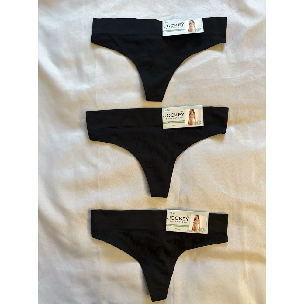 NEW JOCKEY Generation Black Seamfree Ribbed Thong Panty Women's Medium 3 Pair